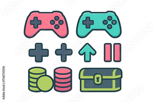 Colorful video game controllers, power-up symbols, currency stacks, and treasure chest icons