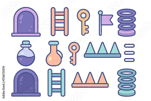 Colorful platformer game assets set with doors, ladders, keys, potions, and spikes