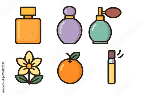 Various perfume bottles, atomizer, flower, and citrus fruit representing fragrance and cosmetic products