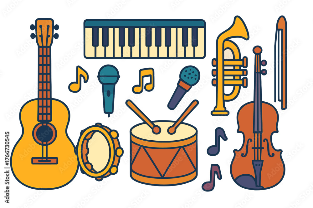 Naklejka premium Collection of diverse musical instruments including guitar, keyboard, trumpet, violin, drum, and microphones