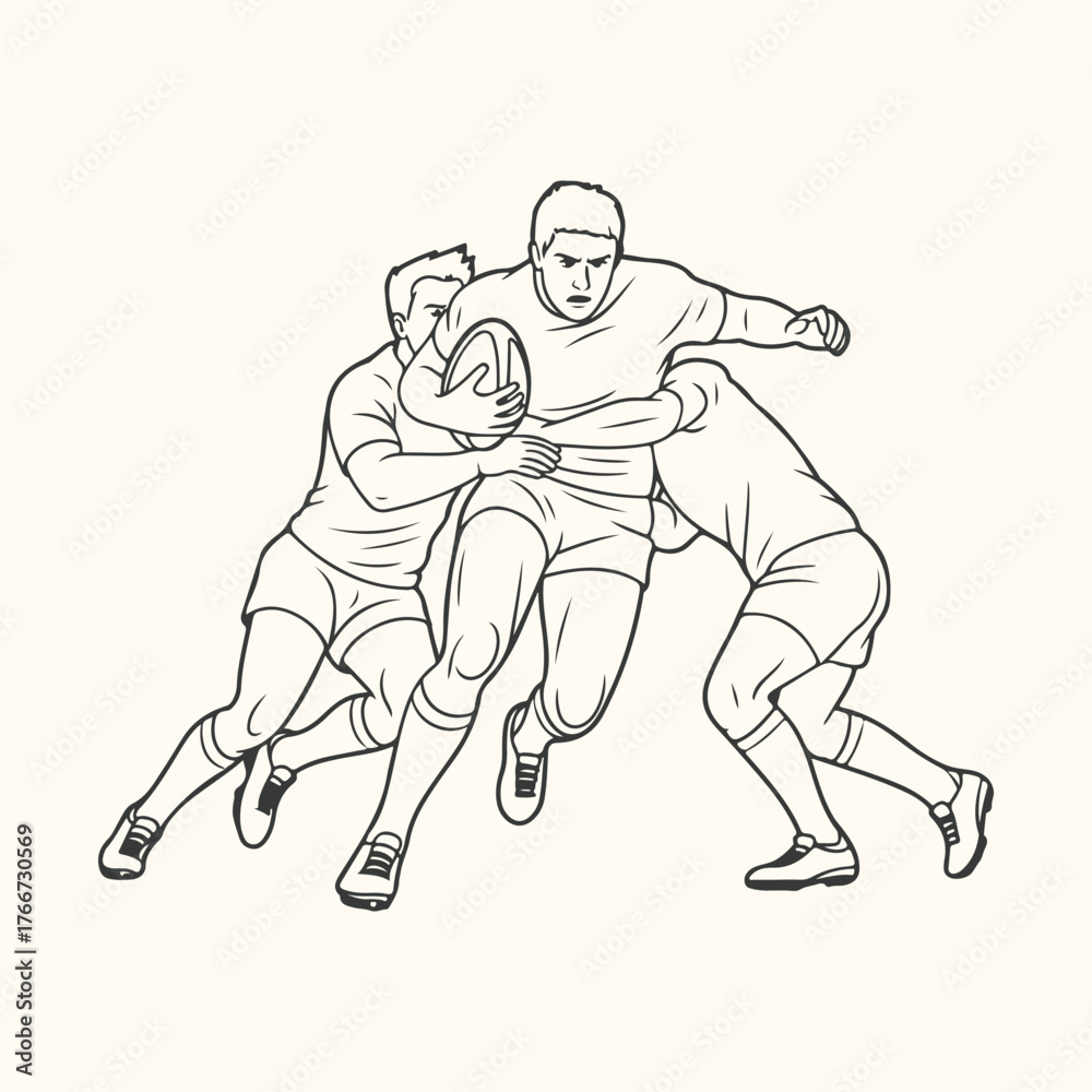 Fototapeta premium Vector art of rugby player being tackled by two opponents during a game, dynamic action illustration in black and white line art style
