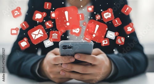 Person holding smartphone with notification icons, representing alert, warning, and information overload concept