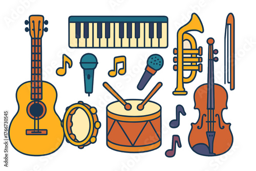 Collection of diverse musical instruments including guitar, keyboard, trumpet, violin, drum, and microphones