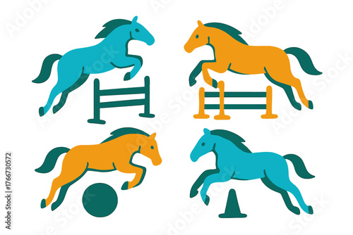Colorful horses jumping hurdles and obstacles during equestrian training