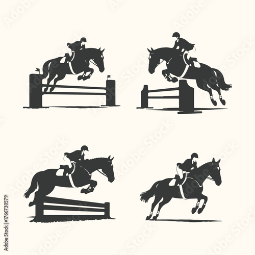 Vector art of four silhouette illustrations of equestrian show jumping horses and riders clearing obstacles, isolated on a light background