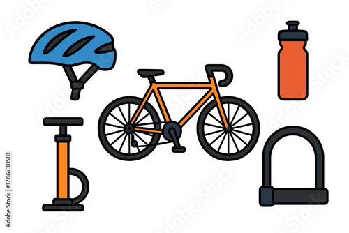 Cycling gear set including road bike, protective helmet, tire pump, hydration bottle, and security lock