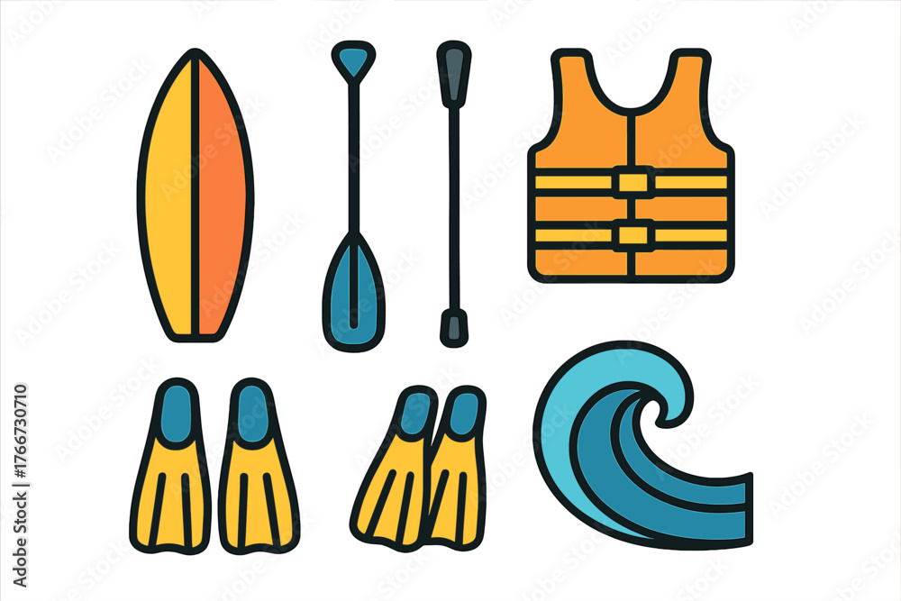 Obraz premium Colorful water sports equipment and safety gear featuring surfboard paddles fins and life vest