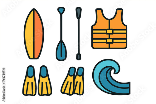 Colorful water sports equipment and safety gear featuring surfboard paddles fins and life vest