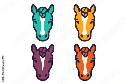 Collection of four brightly colored stylized horse heads with braided manes