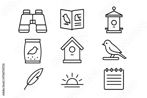 Outline icons of bird watching equipment, binoculars, bird feeder, birdhouse, and nature elements