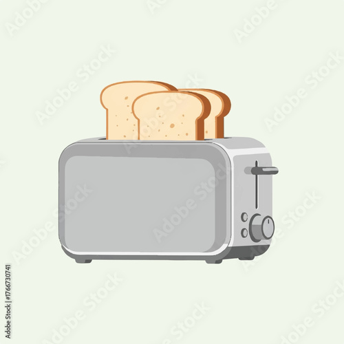 Modern electric toasting appliance preparing crispy golden brown breakfast food slices for a delicious morning meal. Flat vector illustration of kitchen equipment for daily use