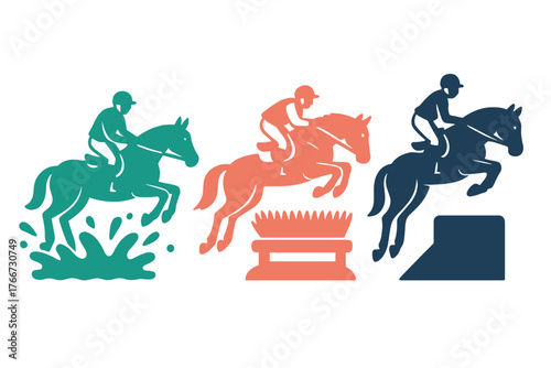Stylized silhouettes of horses and riders competing in equestrian jumping events