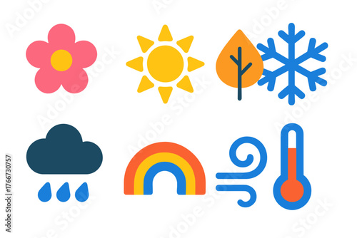 Colorful set of weather and season symbols showing sun, rain, snow, wind, and temperature