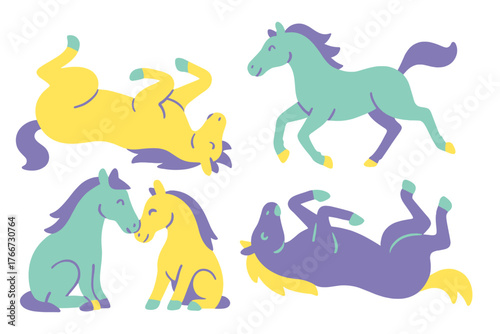 Four colorful stylized horses running, sitting, and rolling in playful poses