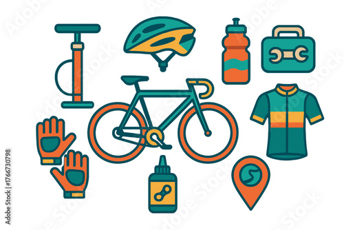 Set of essential gear and accessories for road cycling and bicycle maintenance