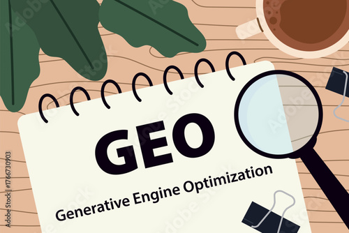 GEO Generative Engine Optimization written in a spiral notebook with a magnifier glass, symbolizing AI search, innovation, and digital marketing - vector illustration