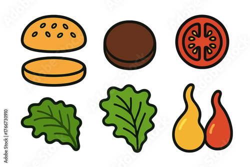 Classic hamburger components disassembled on a white background including meat, vegetables, and bread