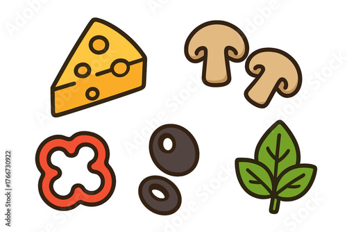 Delicious food ingredients set featuring cheese, sliced mushrooms, black olives, and red pepper