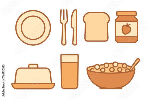 Collection of breakfast items: plate, fork, knife, toast, jam, butter, drink, and cereal bowl