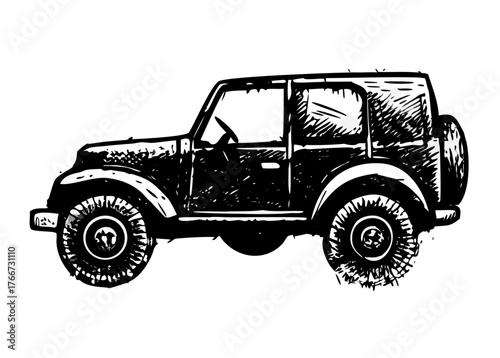 
Vintage offroad engraving drawing of black silhouette, monochrome.