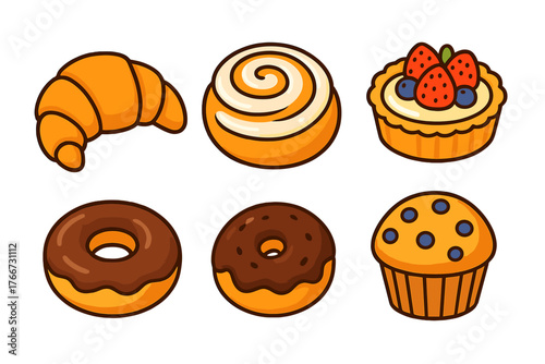 Collection of six popular baked goods: croissant, cinnamon roll, chocolate donut, and fruit tart