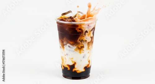 Isolated glass of cold cola drink with ice cubes and bubbles on white