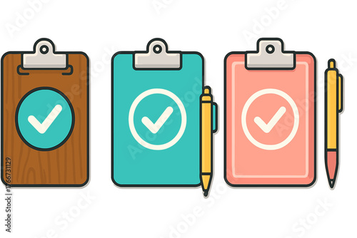 Three colorful clipboards displaying large checkmark icons alongside writing pens symbolizing successful task completion and approval