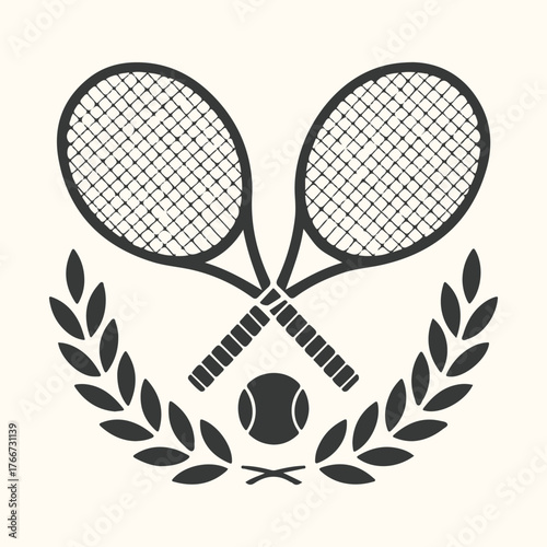 Vector art of vintage tennis rackets crossed with a ball and laurel wreath, symbolizing sport and victory, isolated on a light background