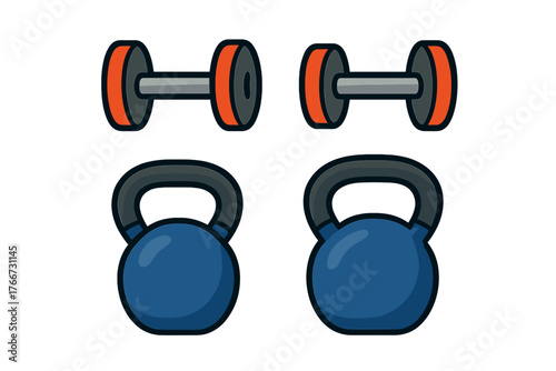 Set of two dumbbells and two kettlebells for weight training, fitness, and strength exercise
