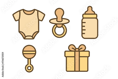 Collection of baby essentials icons including onesie pacifier bottle rattle and gift box