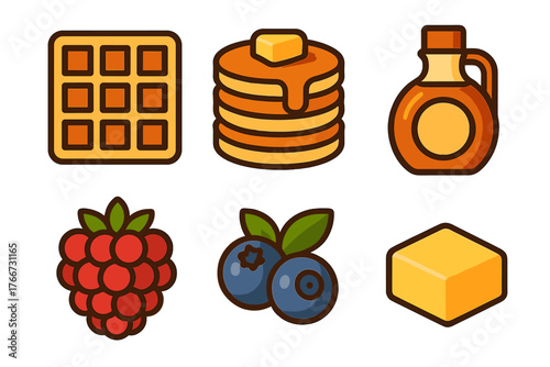 Set of breakfast food icons featuring waffle pancakes maple syrup and butter