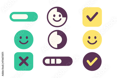 User interface elements set featuring toggles, checkmarks, crosses, loading bars, and smiley faces for web applications