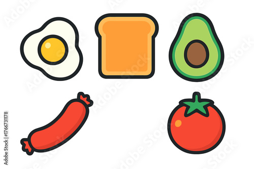 Breakfast and healthy food set with egg, toast, avocado, sausage, and tomato