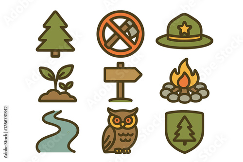 Flat design icons for outdoor nature and park safety: tree, campfire, owl, ranger hat, prohibition