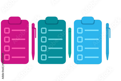 Three colorful clipboards with checklist forms and pens for task management and planning