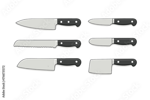 Essential cooking and food preparation knives set with black handles isolated on white