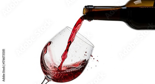 Red wine pours from a bottle into a clear wine glass, creating a splash of liquid beverage