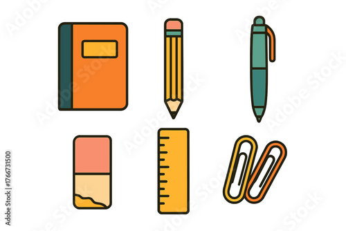 Essential school and office supplies including notebook pencil pen eraser ruler and paper clips
