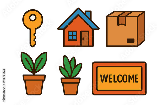 Collection of graphic symbols for real estate, moving, and new home ownership featuring house, key, and box