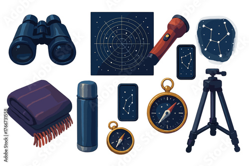 Astronomy and stargazing equipment set with binoculars, tripod, compass, and star charts