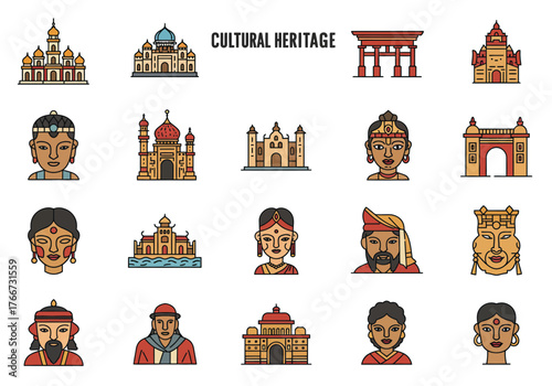 Cultural Heritage Icons: Landmarks and Portraits of Diverse Cultures.