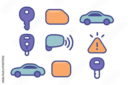 Automotive security and component symbols including car keys, remote control, side mirror, and warning alert