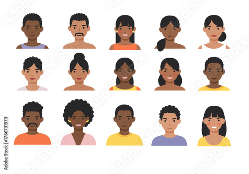 Diverse Collection of People Avatars with Various Hairstyles and Skin Tones.