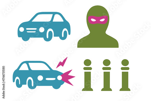 Graphic symbols representing vehicle crime, theft, damage, and security protection