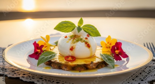 Sweet, fresh ice cream dessert with fruit on a white plate for a delicious healthy meal closeup