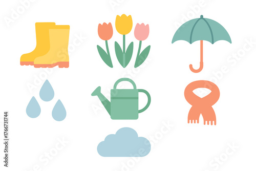 Spring season items including rubber boots, umbrella, tulips, and watering can