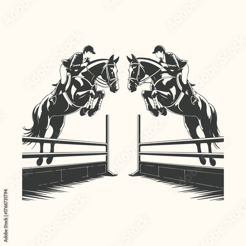 Vector art of two horse riders on horses jumping over hurdles in a competition