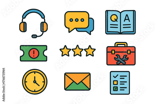 Colorful icon set for customer support, technical service, helpdesk, and online assistance