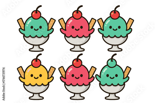 Seamless pattern of cute cartoon ice cream sundaes with happy faces, cherry topping, and wafer sticks