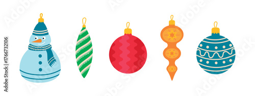 Christmas tree ornaments of various shapes on a white background. traditional decorations.